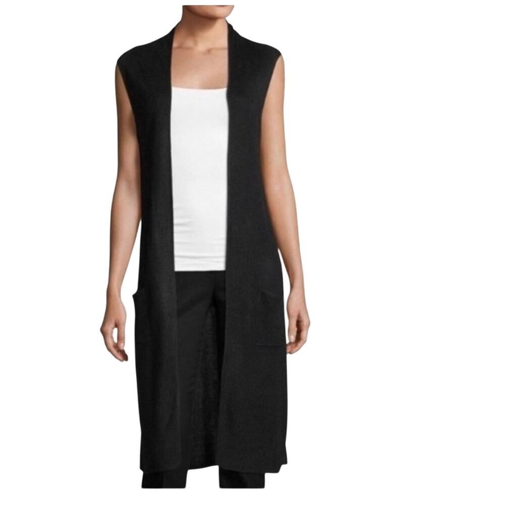 Joan Vass Tan Knit Open Front Shawl Collar Long Vest